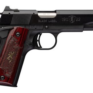 Browning 051069490 1911 Black Label Medallion Full Size Frame 22 LR 10+1 4.25″ Matte Stainless Barrel, Black Anodized Aluminum Serrated Slide, Matte Black Polymer Frame w/Beavertail, Rosewood w/Gold B - Semi Auto Handguns | Rampart Guns