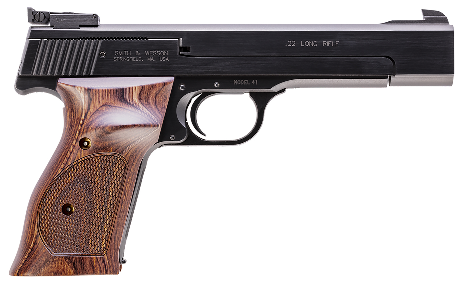 Smith & Wesson 130511 41 Full Size Frame 22 LR 10+1, 5.50″ Blued Button Rifled Steel Barrel, Serrated Slide & Frame, Checkered Wood Target Grip Smith & Wesson 130511 41 Full Size Frame 22 LR 10+1, 5.50″ Blued Button Rifled Steel Barrel, Serrated Slide & Frame, Checkered Wood Target Grip - Semi Auto Handguns - Rampart Guns