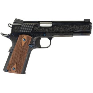 Standard Mfg 1911 Handgun .45 ACP 7rd Magazine 5″ Barrel Black and Royal Blue Engraving with Brown Grips - Semi Auto Handguns - Rampart Guns